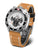 Montre homme avec bracelet en cuir marron, boîtier argenté et lunette noire, chronographe