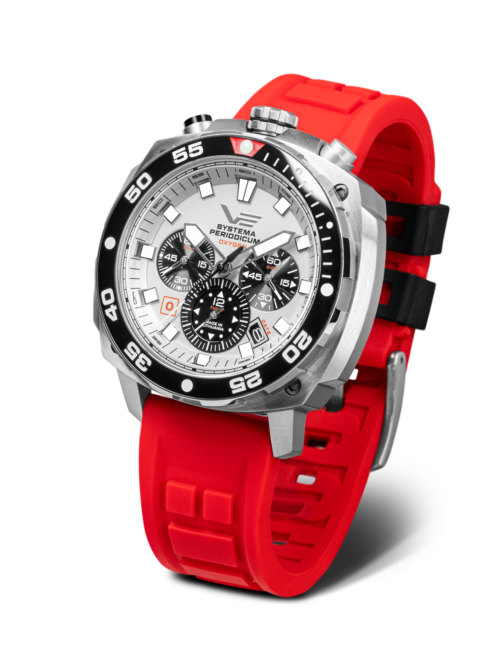 Vostok Europe herrklocka: Bullhead-design, rött silikonarmband, silverfärgat boett