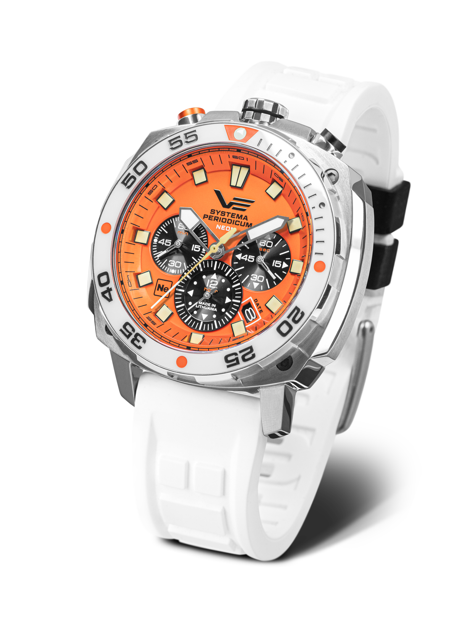 Vostok Europe herrklocka: orange urtavla, vitt silikonarmband, upp till 20 ATM