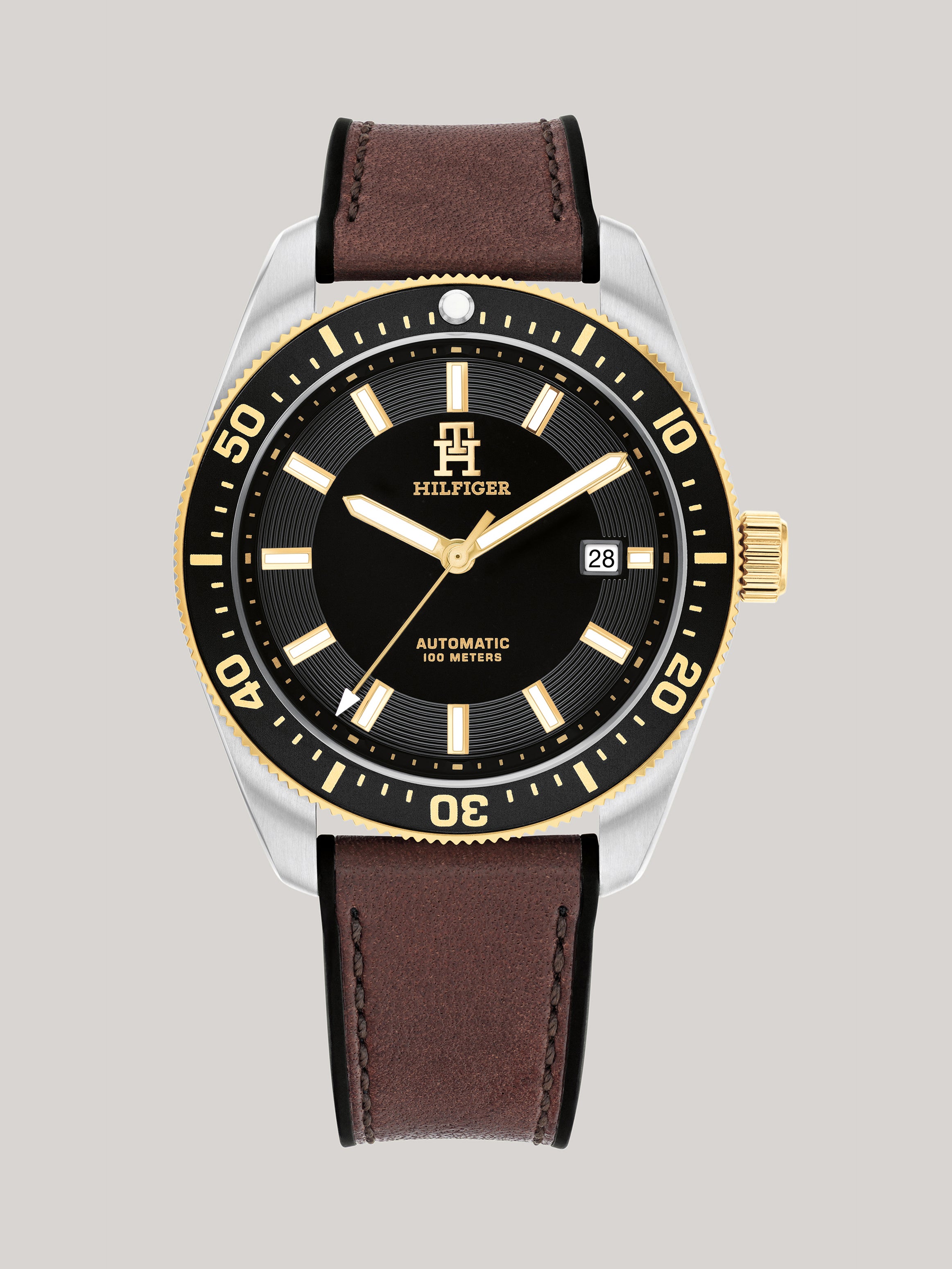 Tommy Hilfiger TH85 Automatikuhr mit schwarzem Zifferblatt und braunem Lederarmband