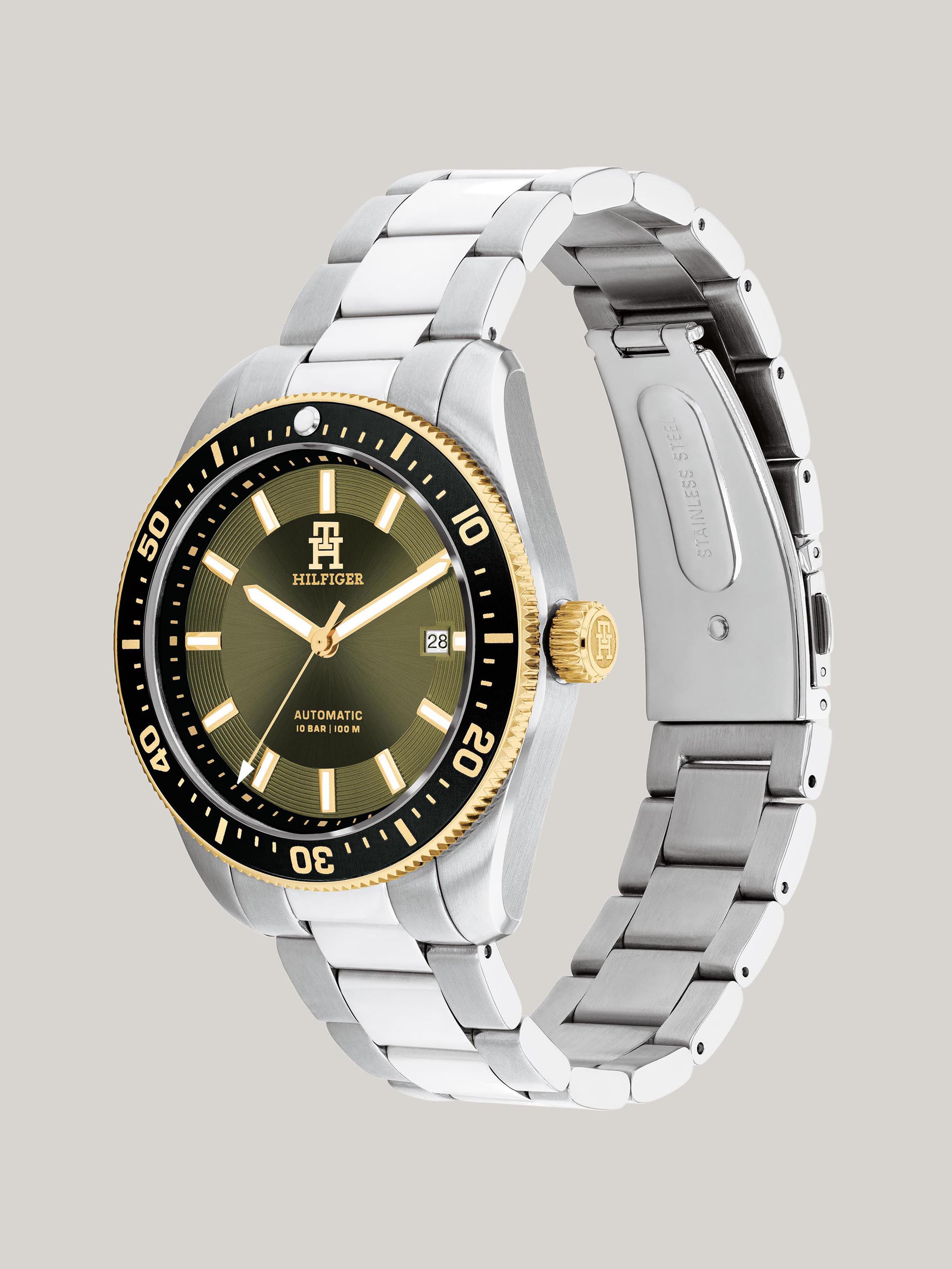 Herrenarmbanduhr mit silbernem Edelstahlband, grünem Zifferblatt und schwarzer Lünette