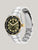 Herrenarmbanduhr mit silbernem Edelstahlband, grünem Zifferblatt und schwarzer Lünette