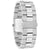 Rückansicht einer eckigen Silberarmbanduhr mit Edelstahlarmband und eingraviertem Gehäuse