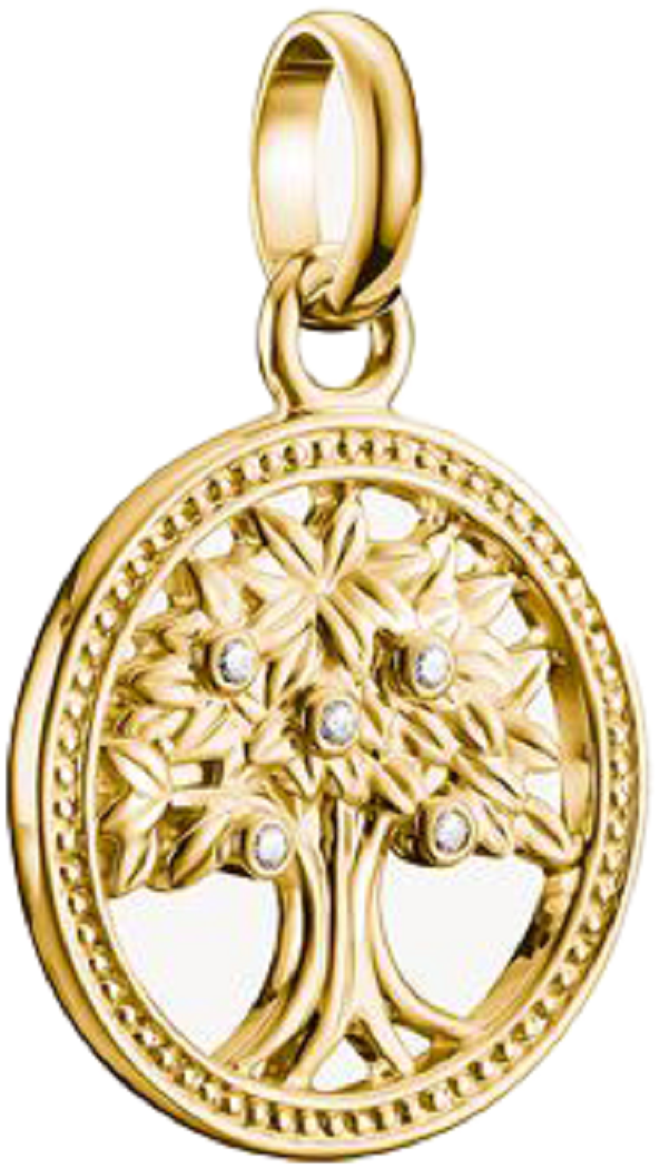 Pendentif breloque plaqué or avec un arbre dans un cercle, orné de petites pierres blanches sur l'anneau détaillé