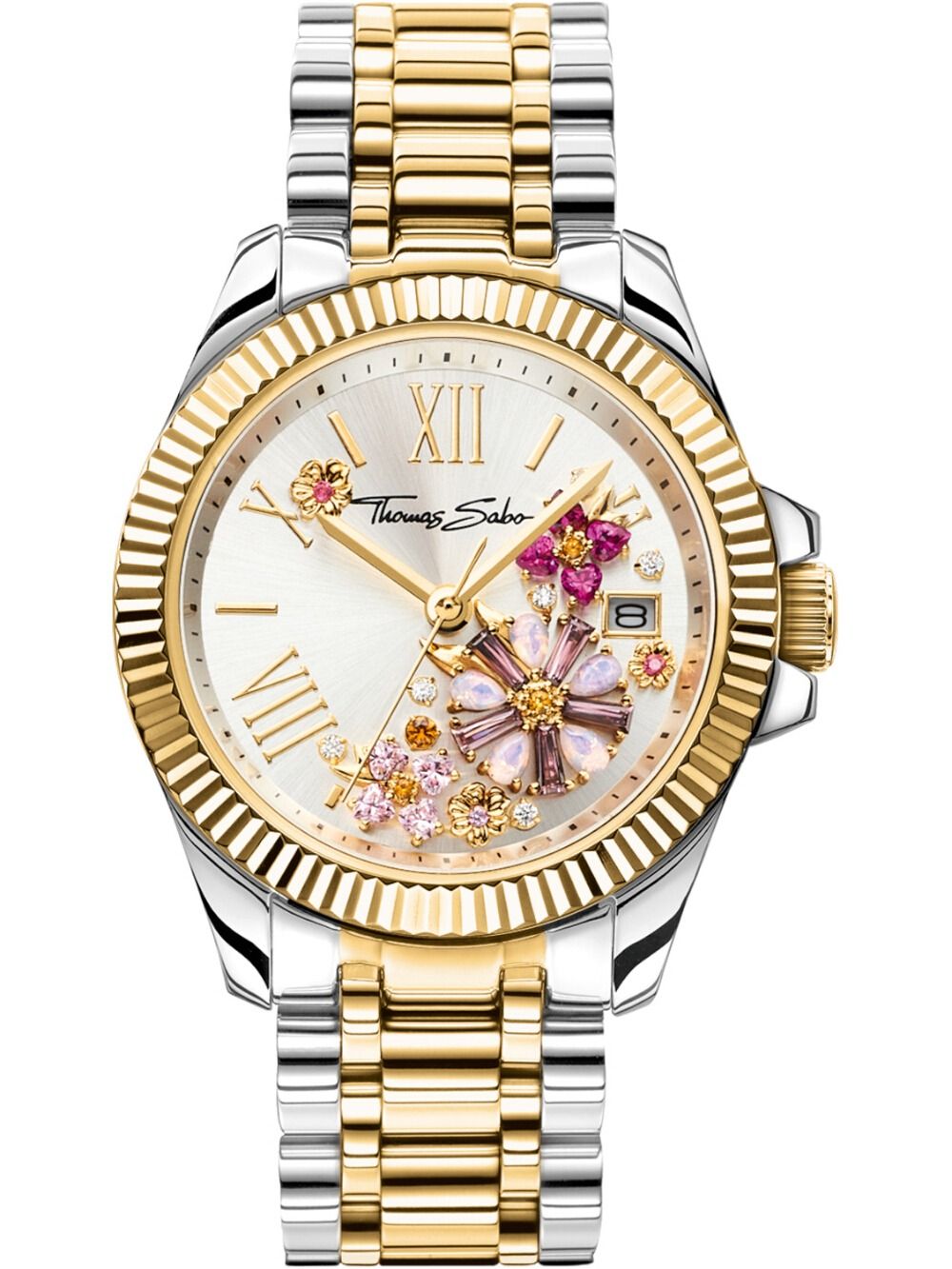 Damenarmbanduhr mit Blumen-Zifferblatt und Metallband in Gold/Silber