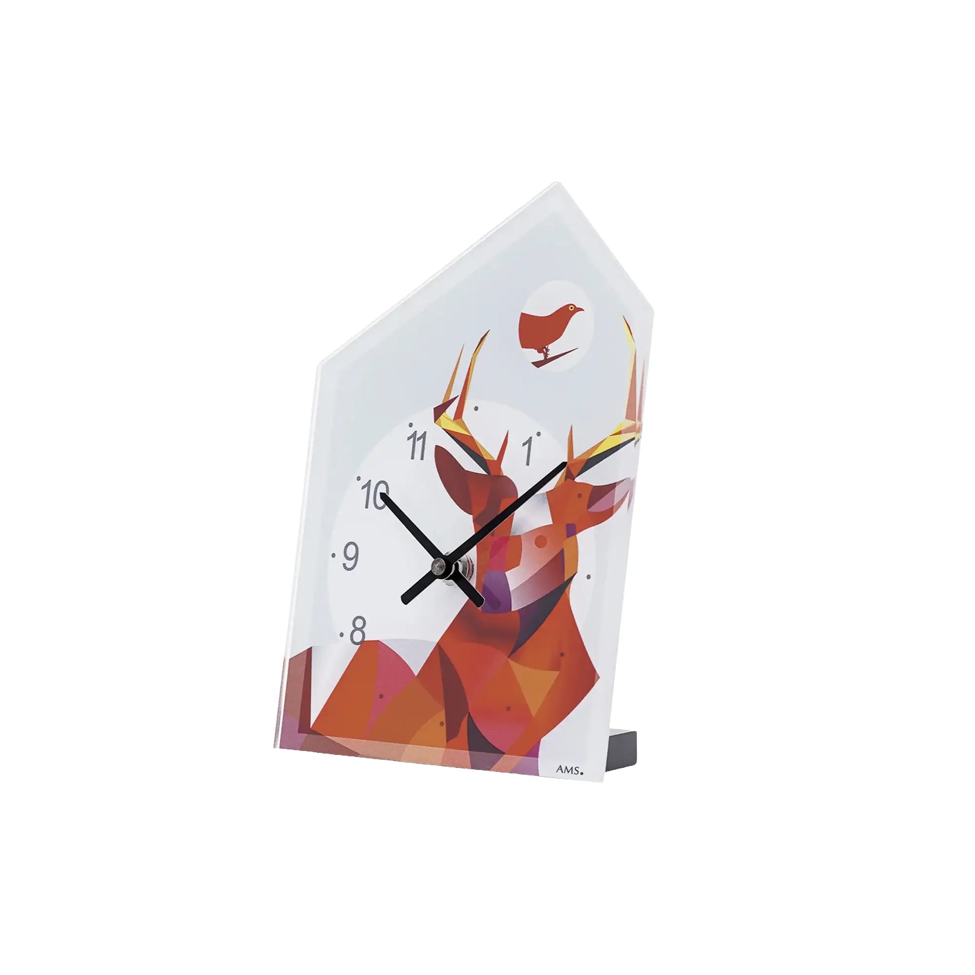 Tischuhr mit weißem Gehäuse, Vogelmotiv in Rot/Orange und schwarzen Zeigern