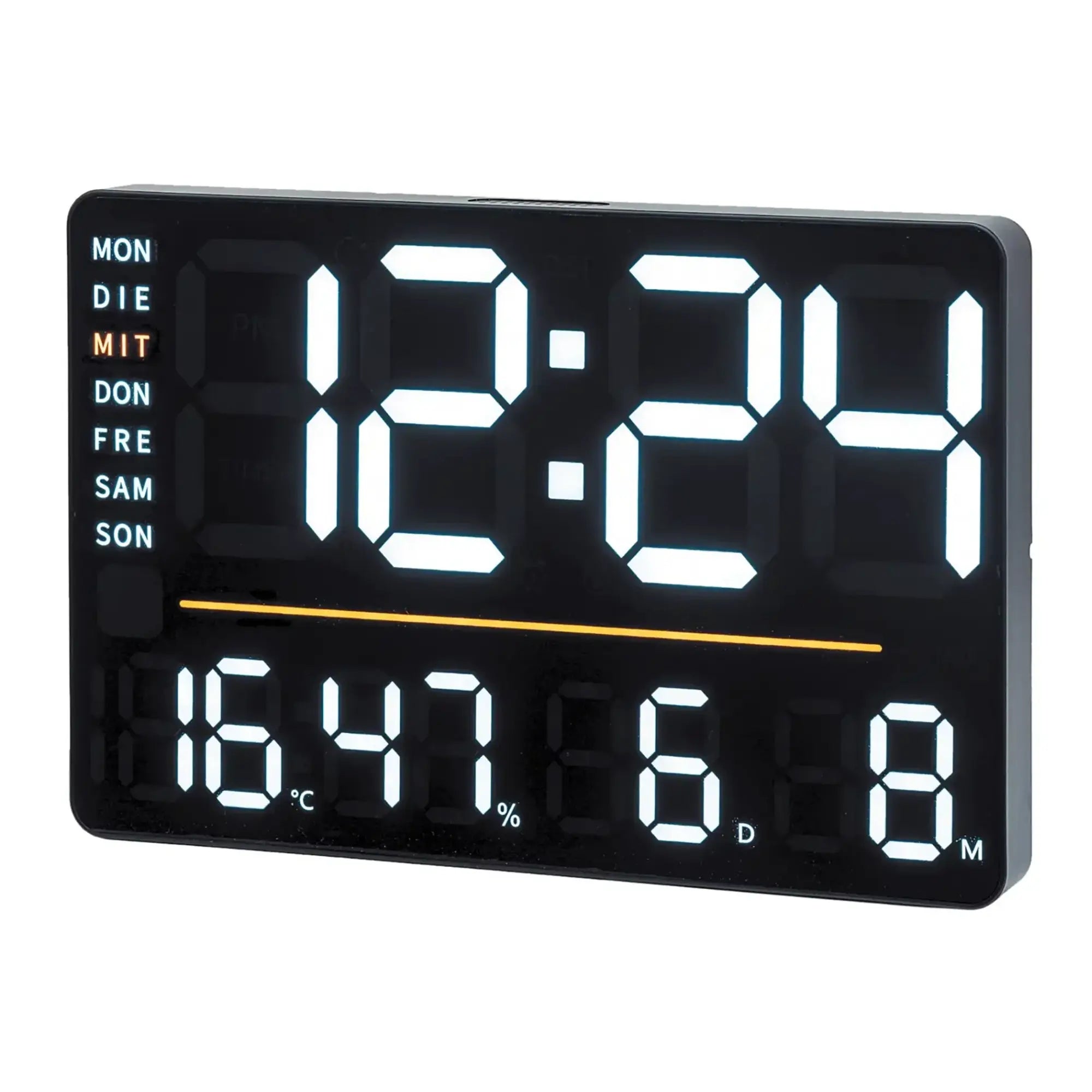Montre numérique avec écran LED, noire, avec affichage du jour ainsi que des valeurs de température et d'humidité.