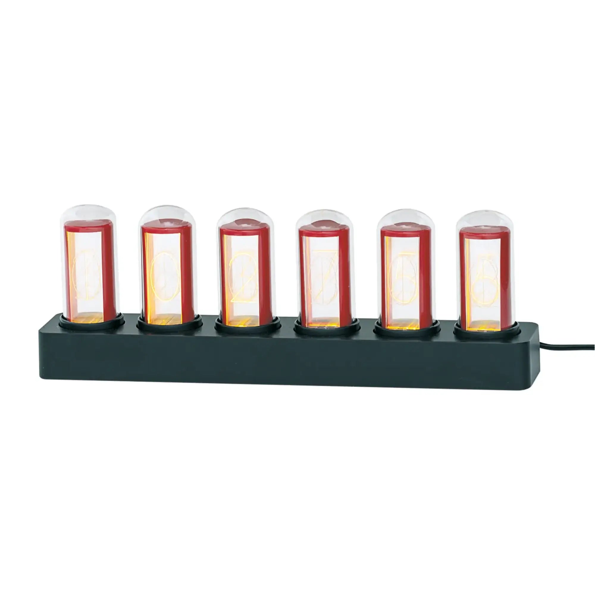Horloge de table avec tubes en verre Nixie, six tubes rouges sur un long socle