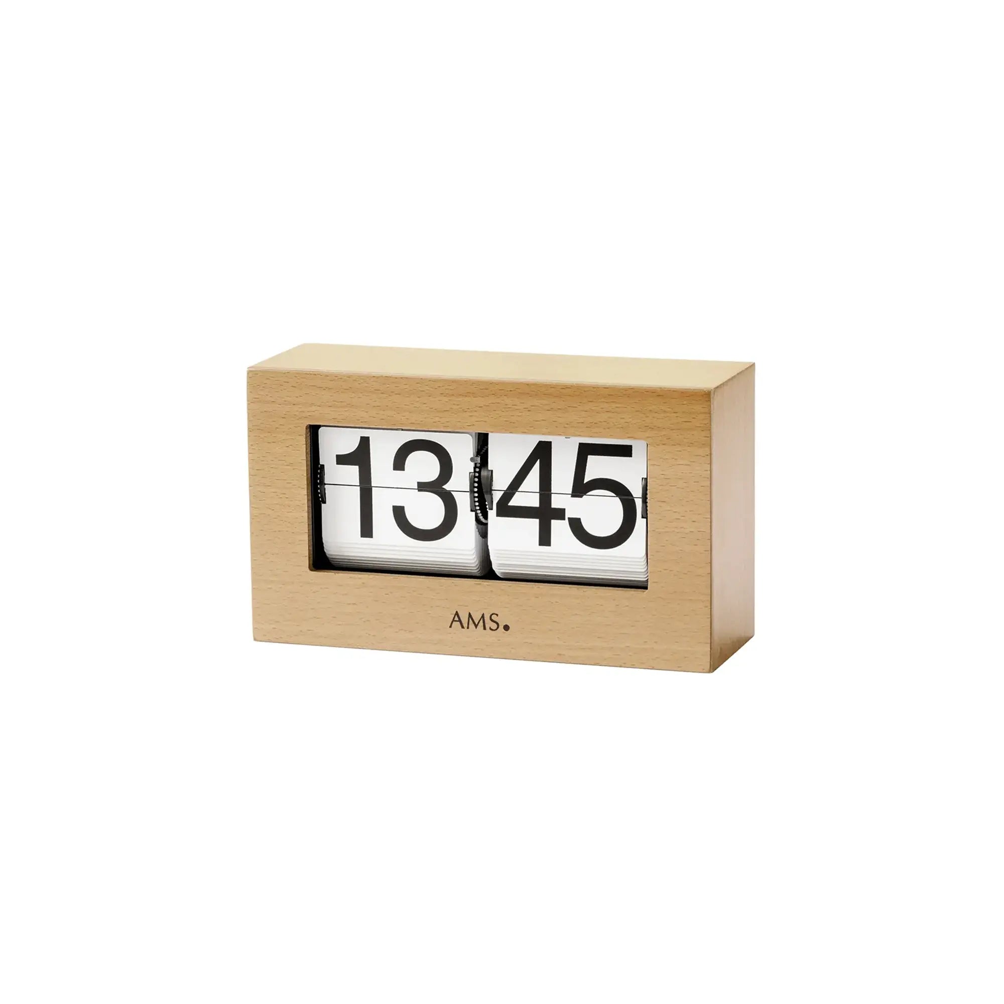 Tischuhr aus Buchenholz mit Flip-Clock-Anzeige, Ziffern 13 und 45 im Sichtfenster