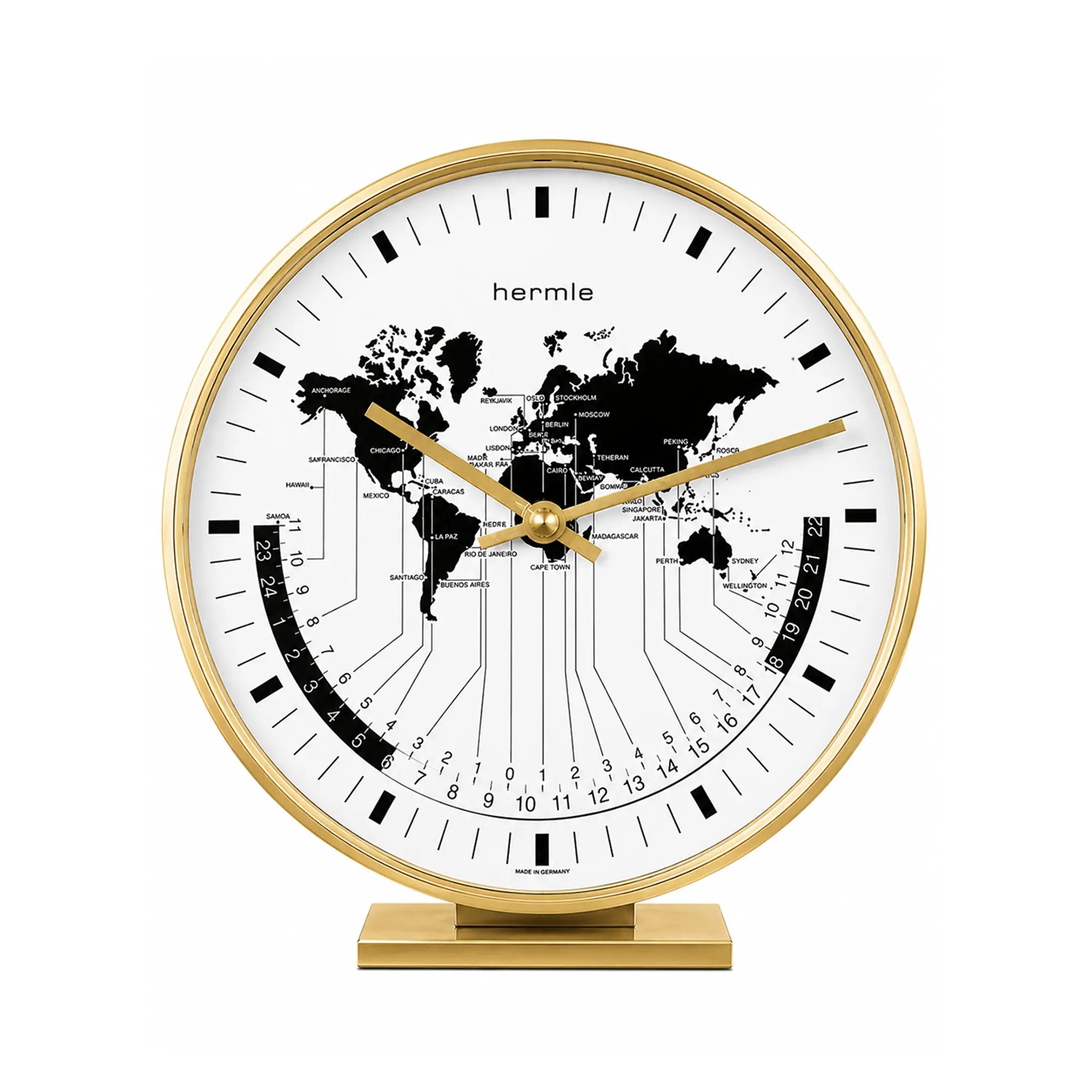 Horloge de table avec cadre en laiton, cadran blanc et affichage analogique de carte du monde, aiguilles dorées