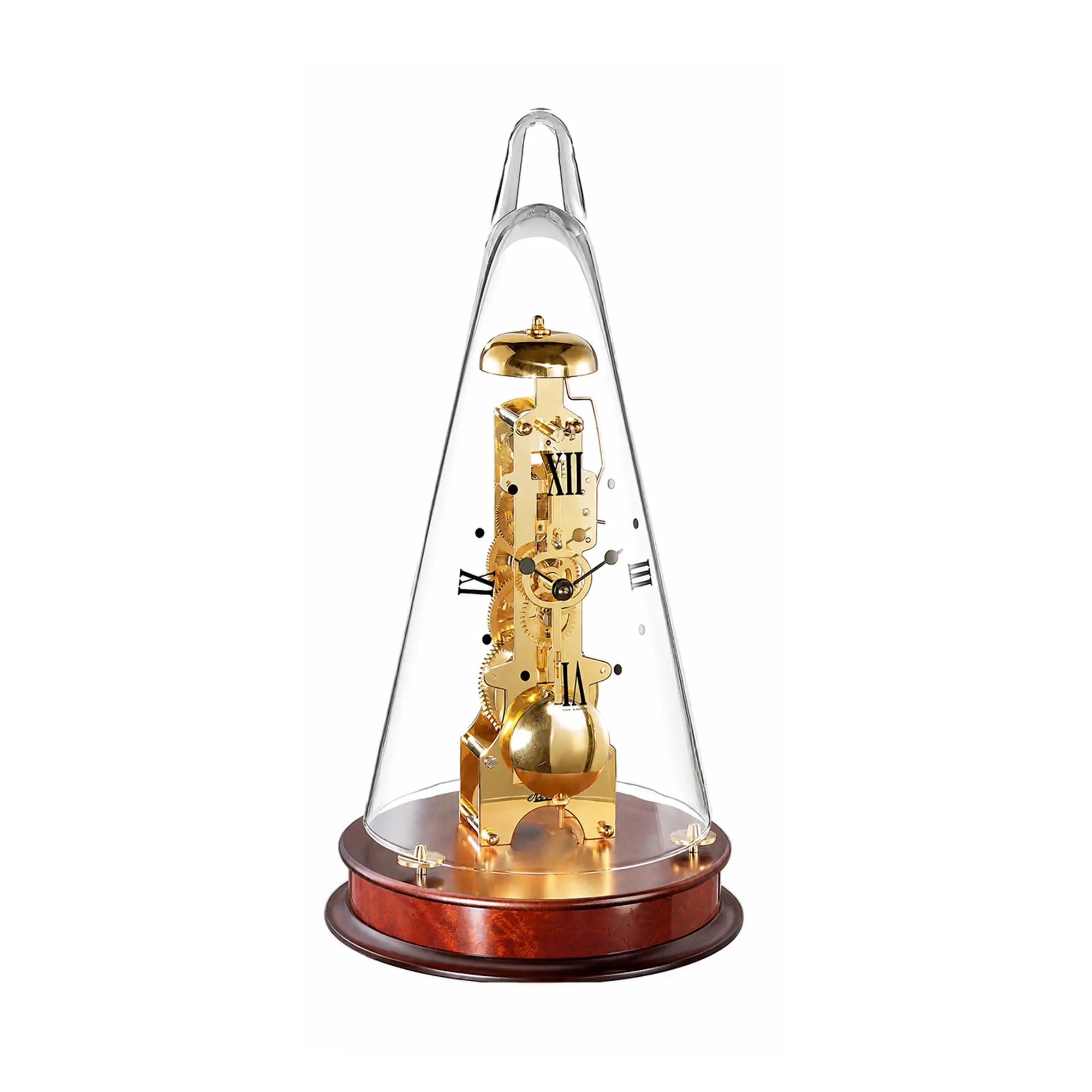 Réveil cloche avec cloche en verre, mouvement doré et socle en bois avec chiffres romains