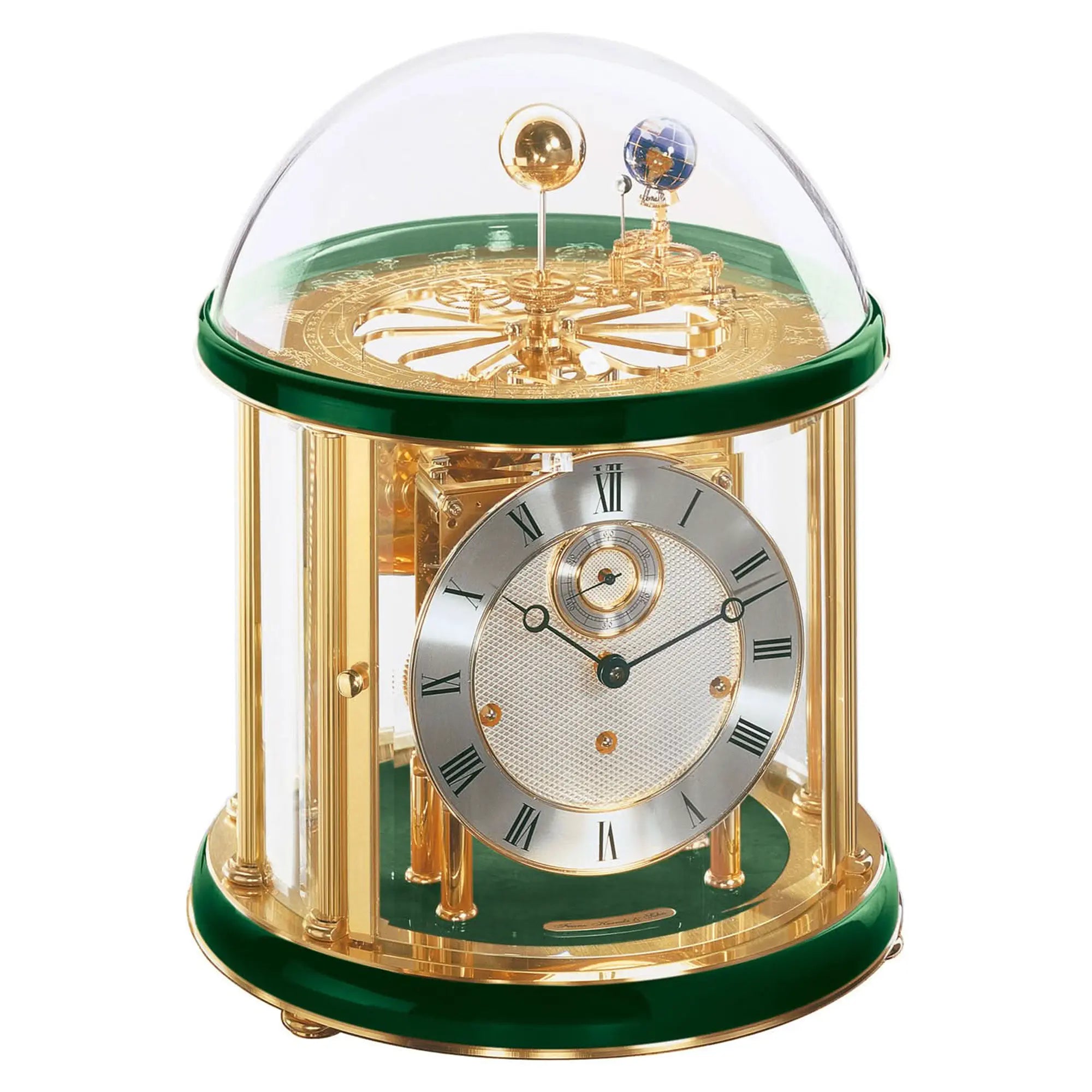 Horloge de table mécanique avec cloche en verre, boîtier doré, socle vert et cadran romain