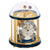 Horloge de table mécanique avec cloche en verre, cadre doré et socle bleu