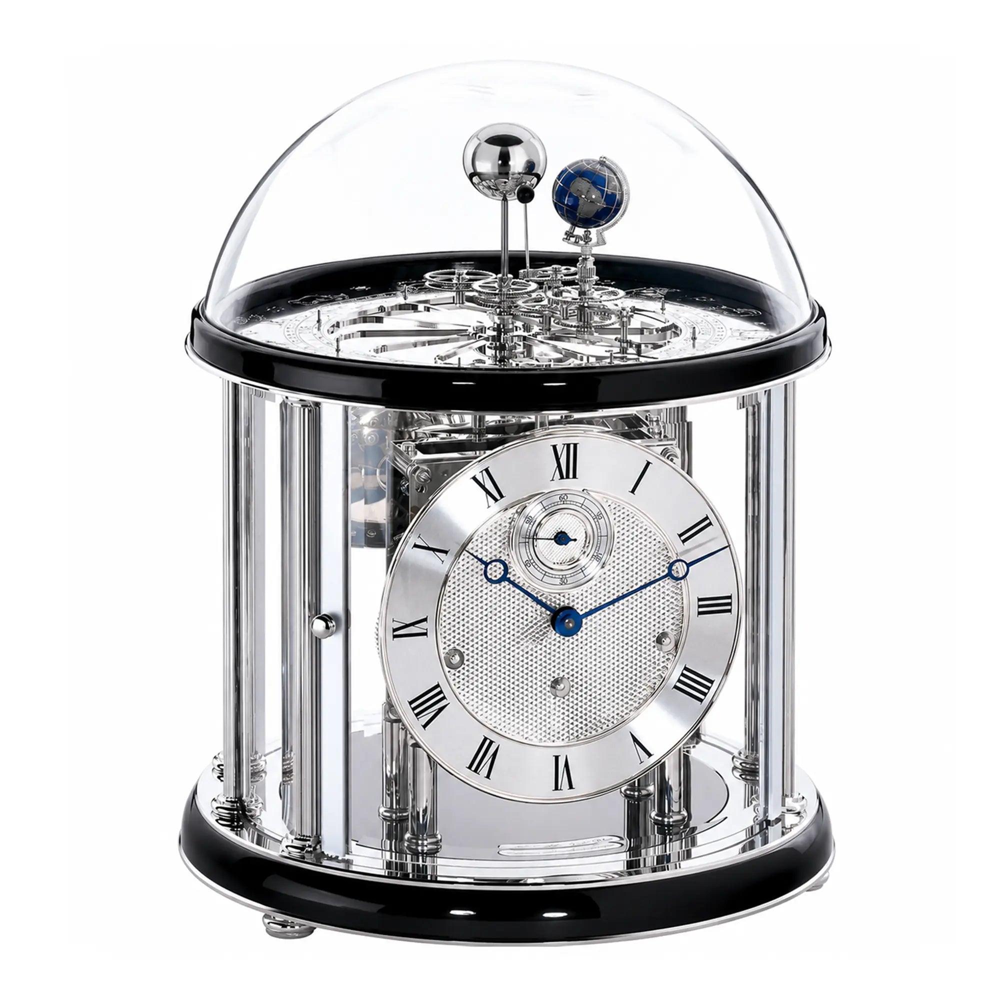 Horloge de table avec cloche en verre et mouvement argenté, socle noir