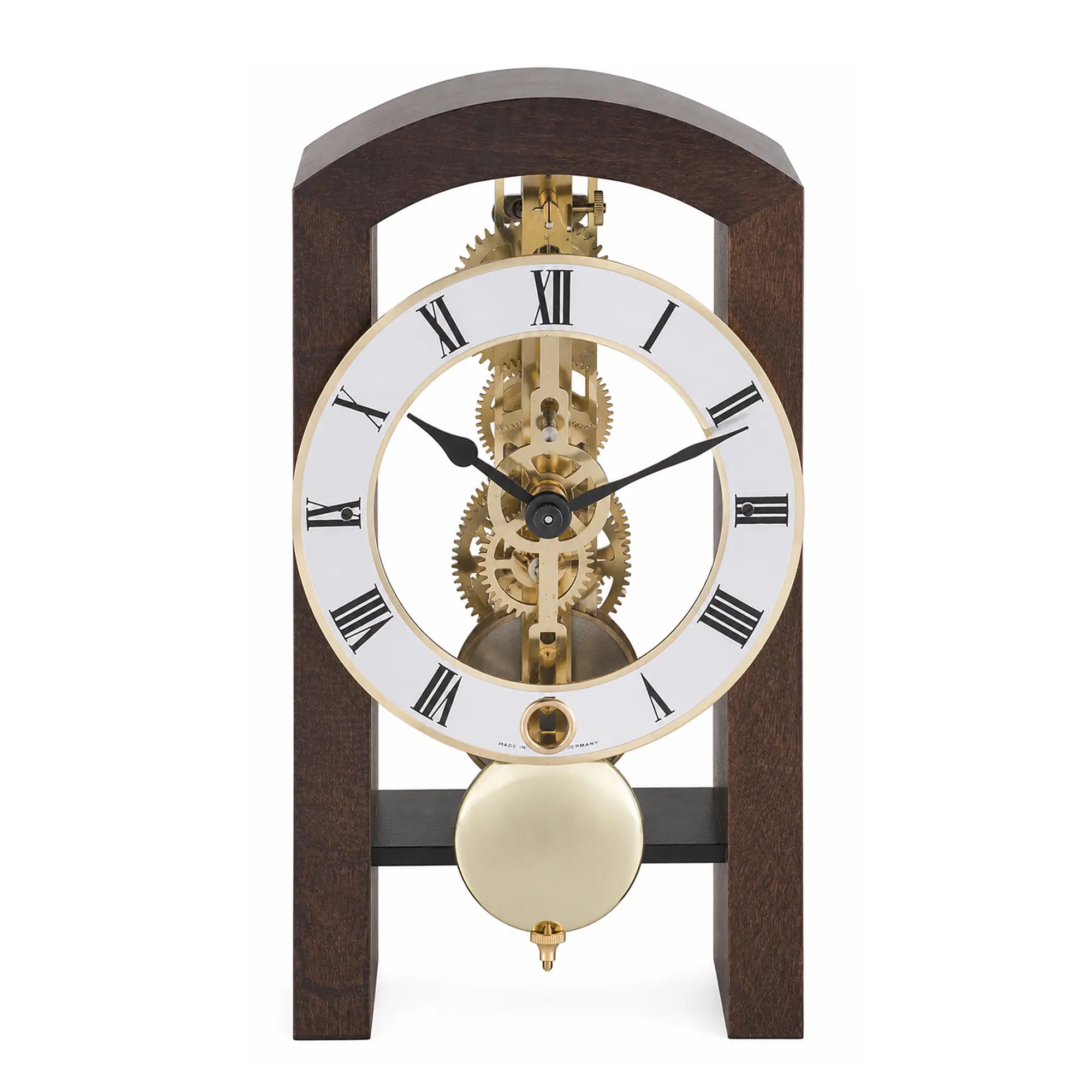 Horloge de table avec mouvement squelette, cadran rond, chiffres romains et boîtier en bois
