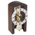Horloge de table avec cadre en bois foncé, cadran rond en verre et mouvement squelette visible
