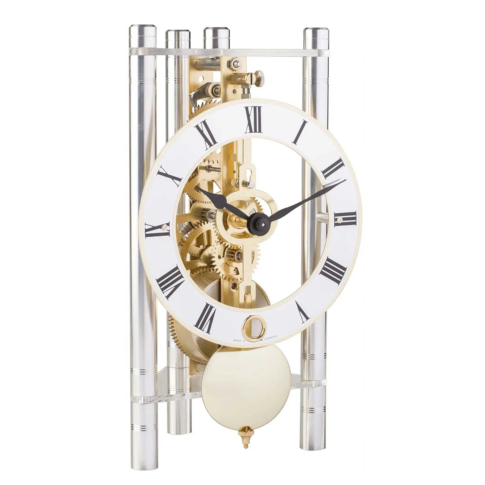 Horloge de table mécanique avec cadre transparent argenté, mouvement apparent et chiffres romains