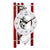 Horloge de table squelette avec cadran blanc, mécanisme visible et colonnes rouges