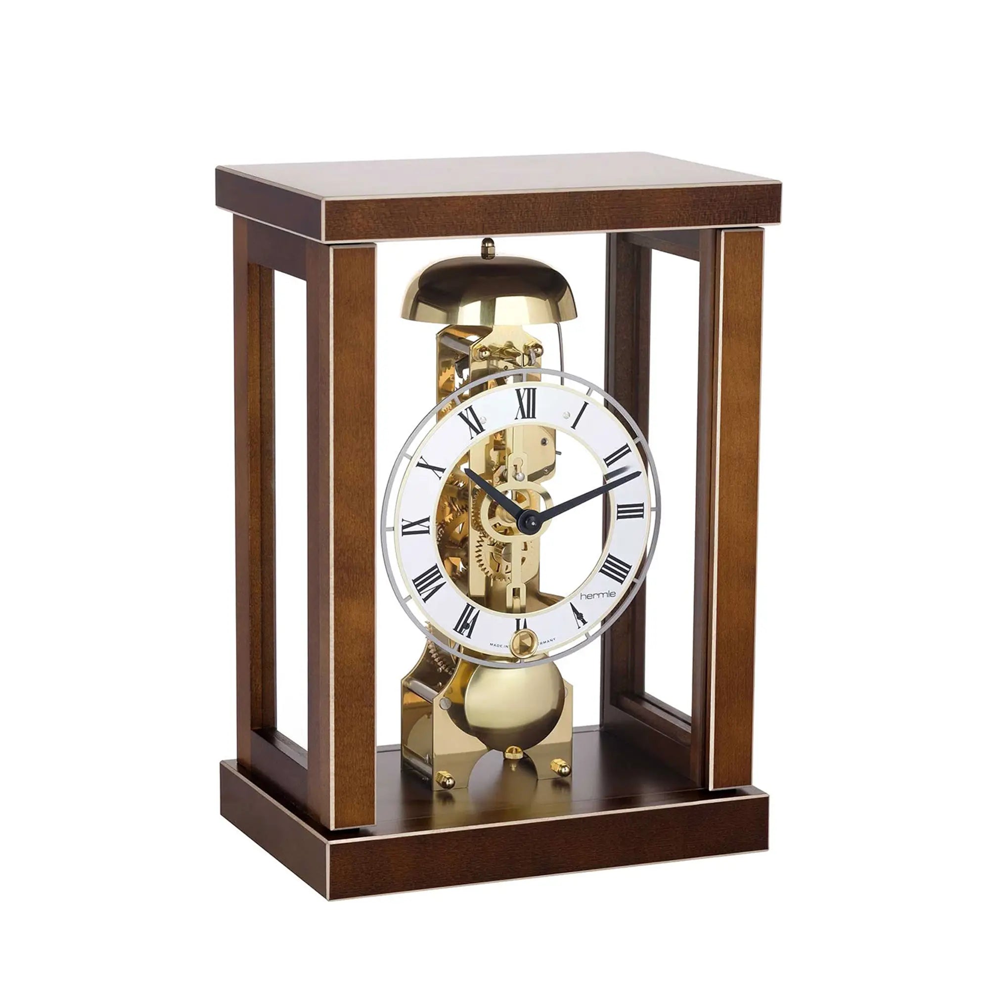 Horloge de table en bois avec cadre en verre, cadran rond et mouvement mécanique visible