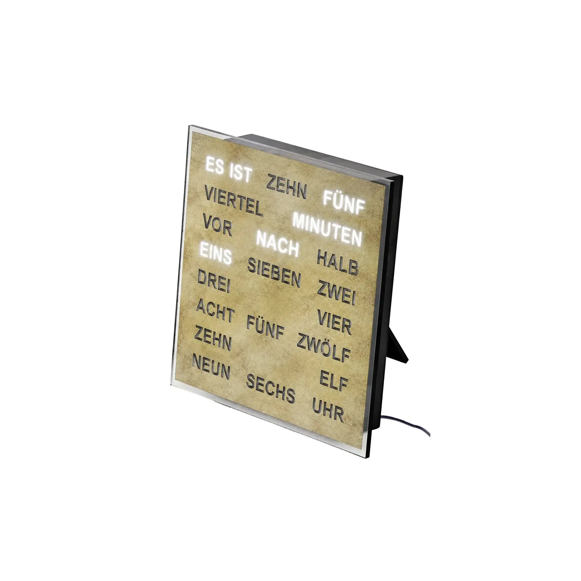 Wanduhr-Wortuhr in Messingoptik mit LED-Anzeige, seitliche Ansicht mit Standfuß