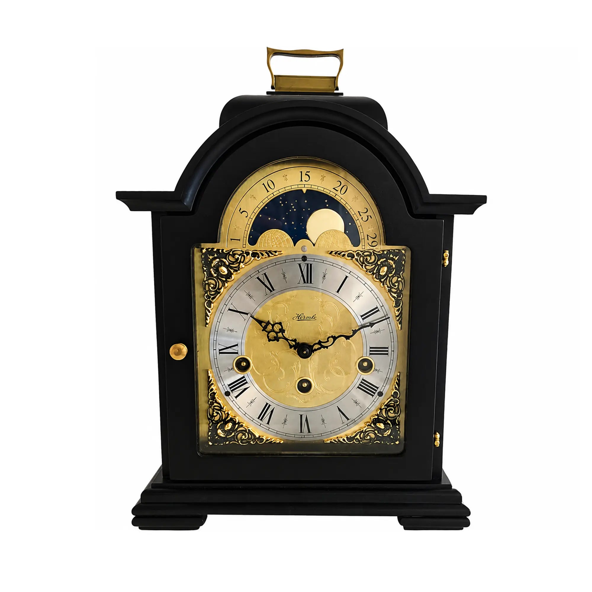 Horloge de table noire avec affichage de phase lunaire dorée, cadran et cadre décoratif