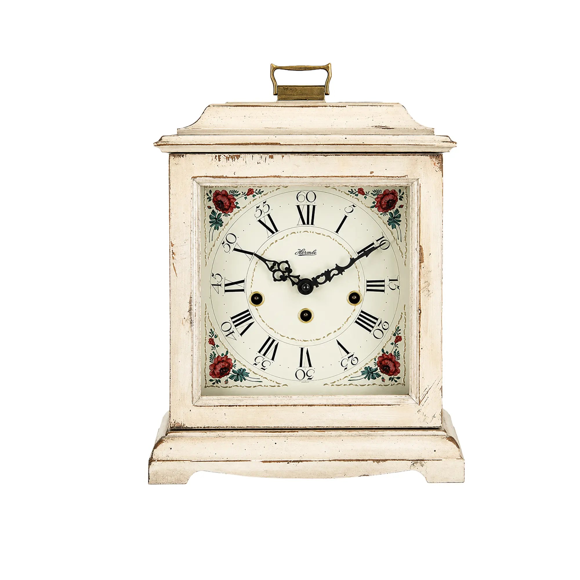 Horloge de table carrée avec boîtier en bois blanc et cadran à décor floral