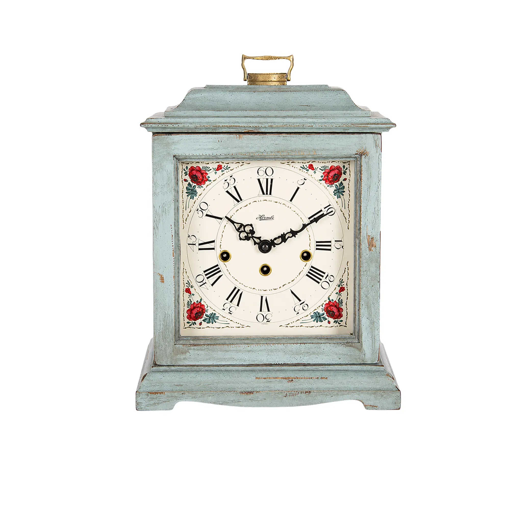 Horloge de table en bois avec boîtier bleu clair, cadran blanc et chiffres romains