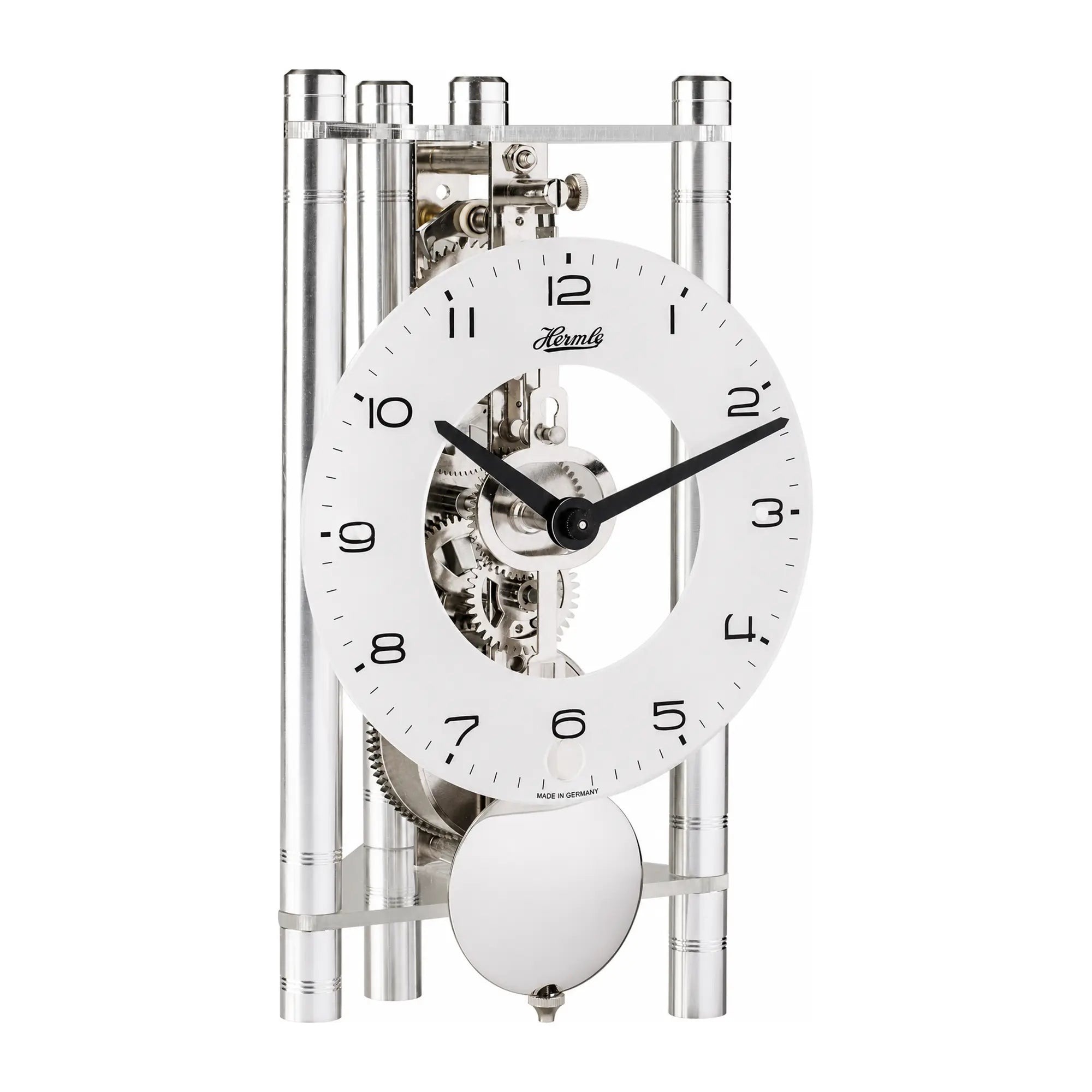 Réveil de table avec squelette en aluminium, cadran blanc, mouvement visible et bouton pendule