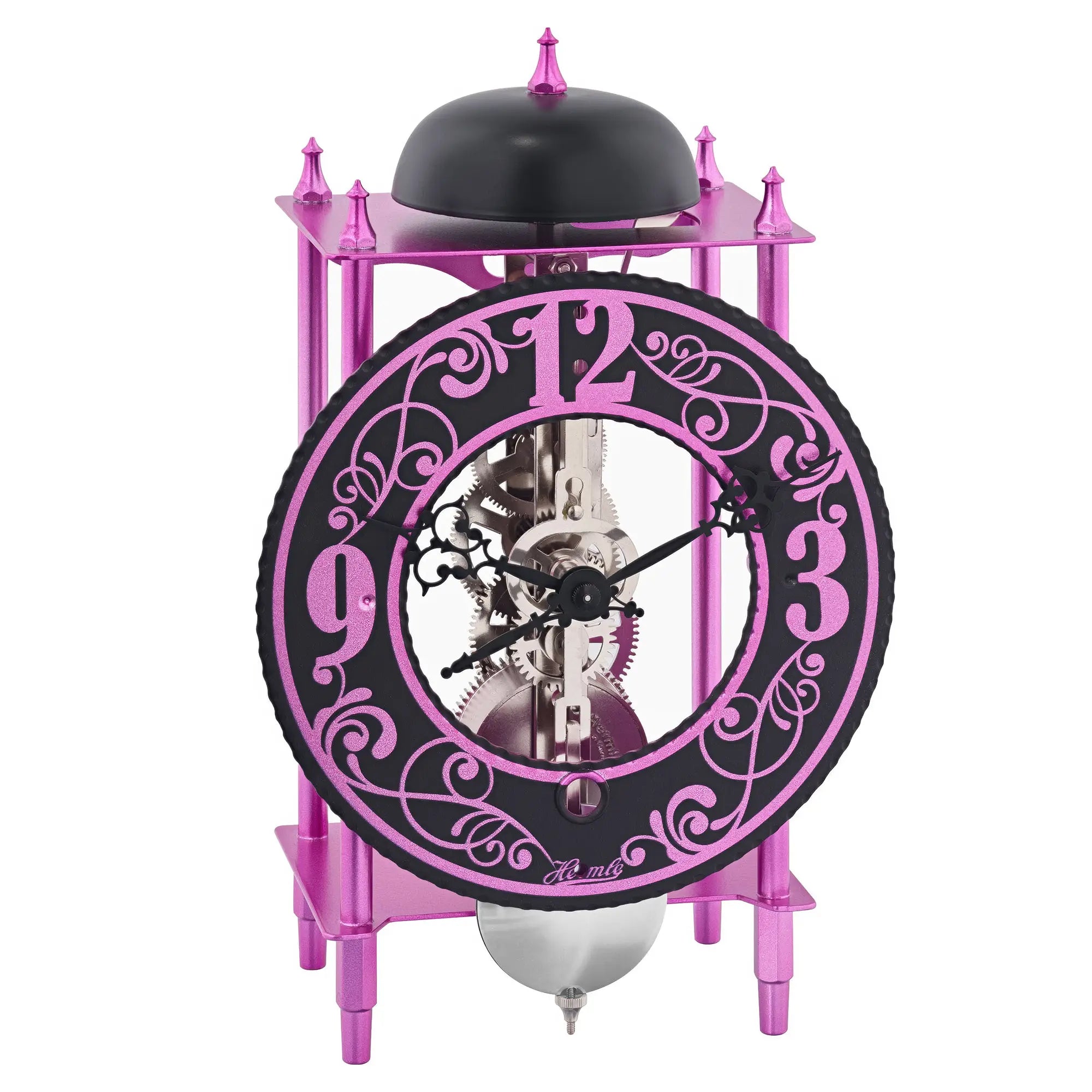 Réveil avec boîtier cloche violet, anneau de chiffres et mouvement visible