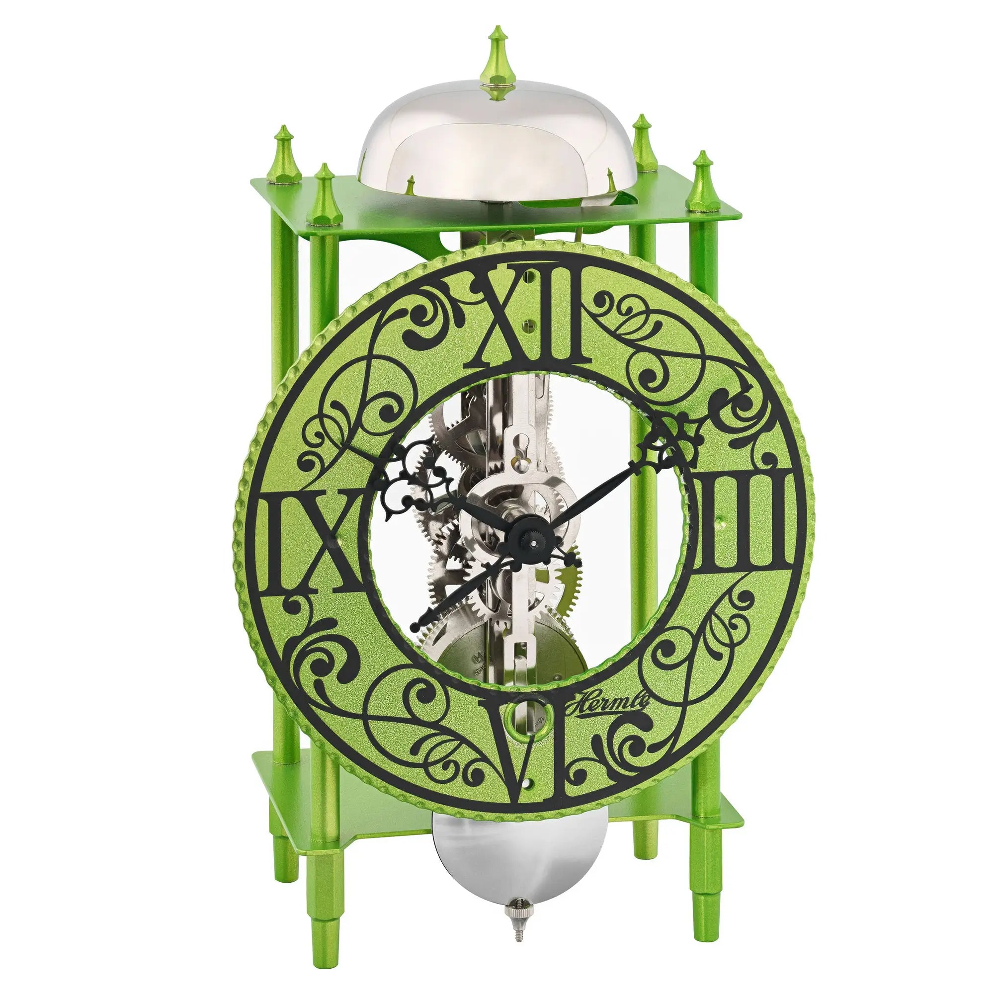 Horloge de table verte avec dôme transparent, cadran romain et aiguilles argentées