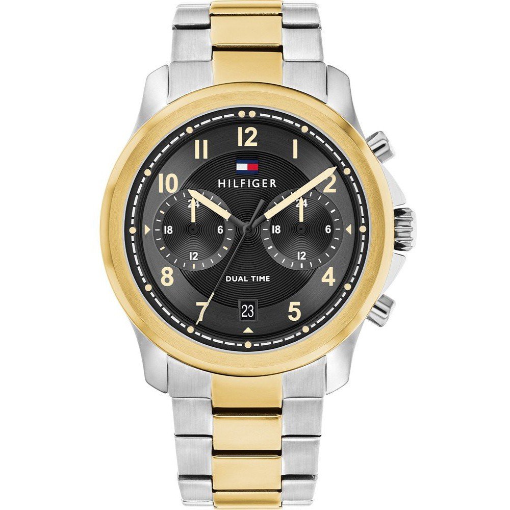 Herrenarmbanduhr Tommy Hilfiger, gold-silbernes Edelstahlband, schwarzes Zifferblatt Dual Time
