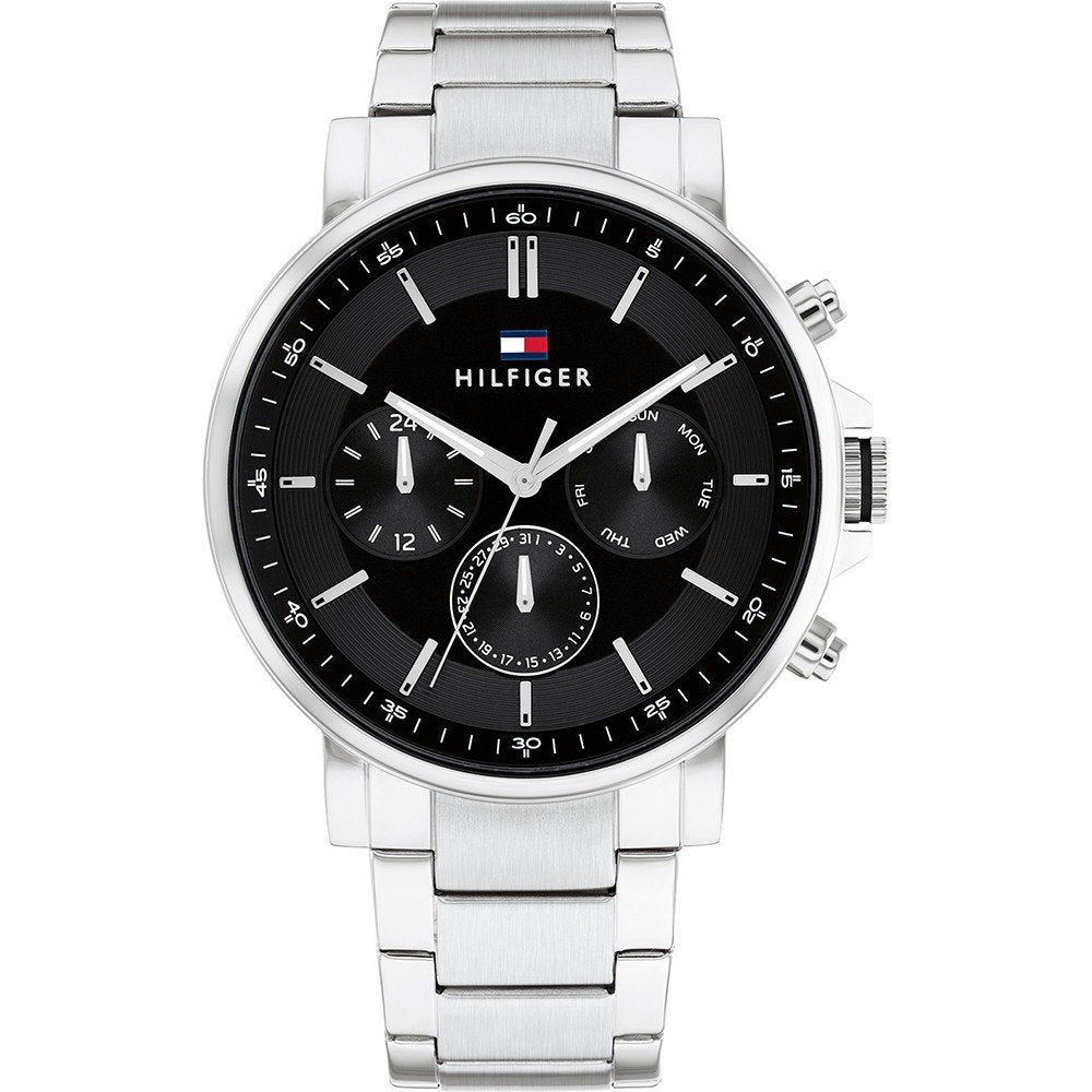 Tommy Hilfiger Herrenuhr mit schwarzem Zifferblatt und Edelstahlarmband, analog