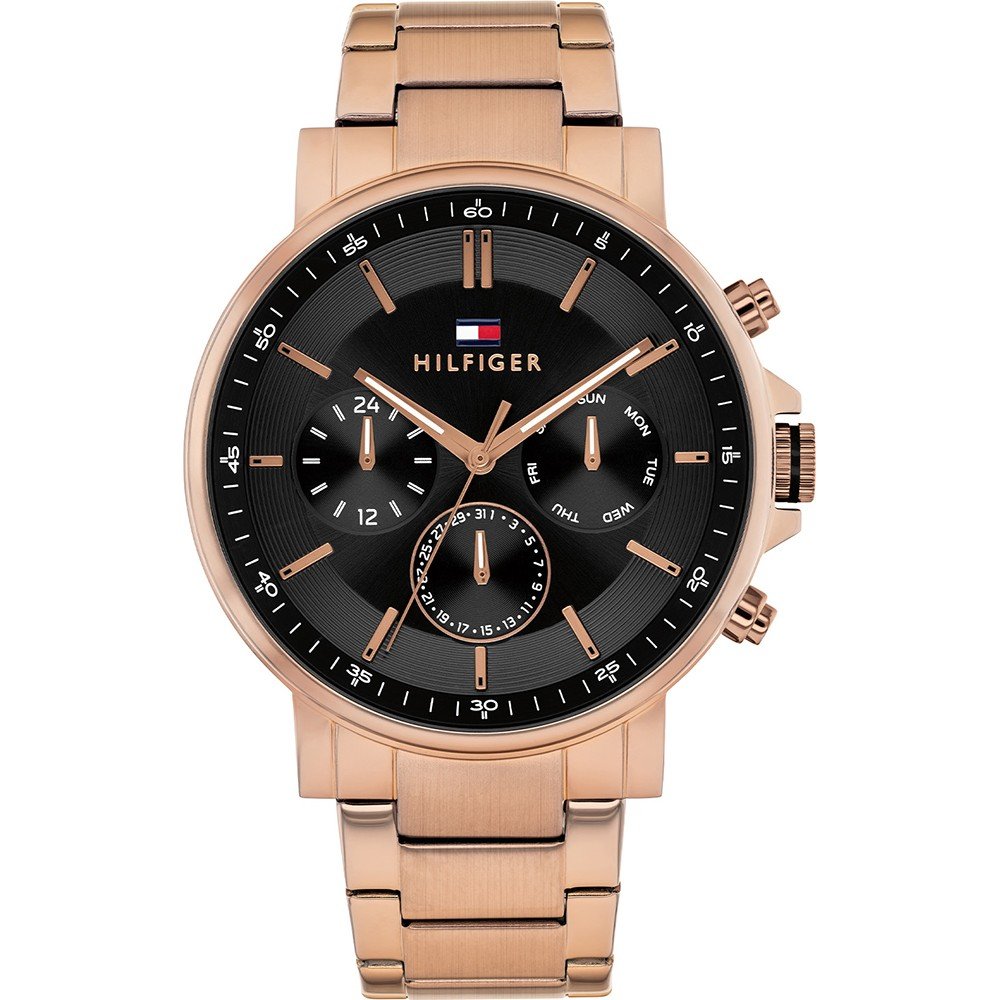 Armbanduhr von Tommy Hilfiger mit roségoldfarbenem Metallarmband und schwarzem Zifferblatt