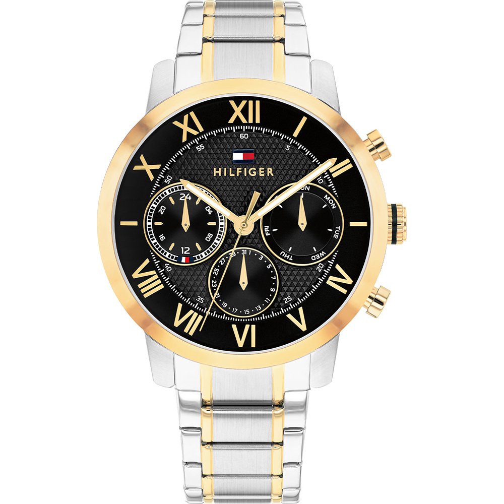 Tommy Hilfiger Herrenarmbanduhr, zweifarbiges Edelstahlband, schwarzes Zifferblatt, Mineralglas