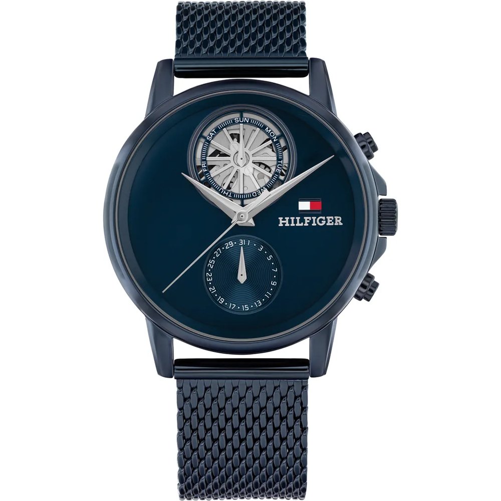 Tommy Hilfiger Herrenarmbanduhr mit rundem blauem Zifferblatt und dunkelblauem Armband