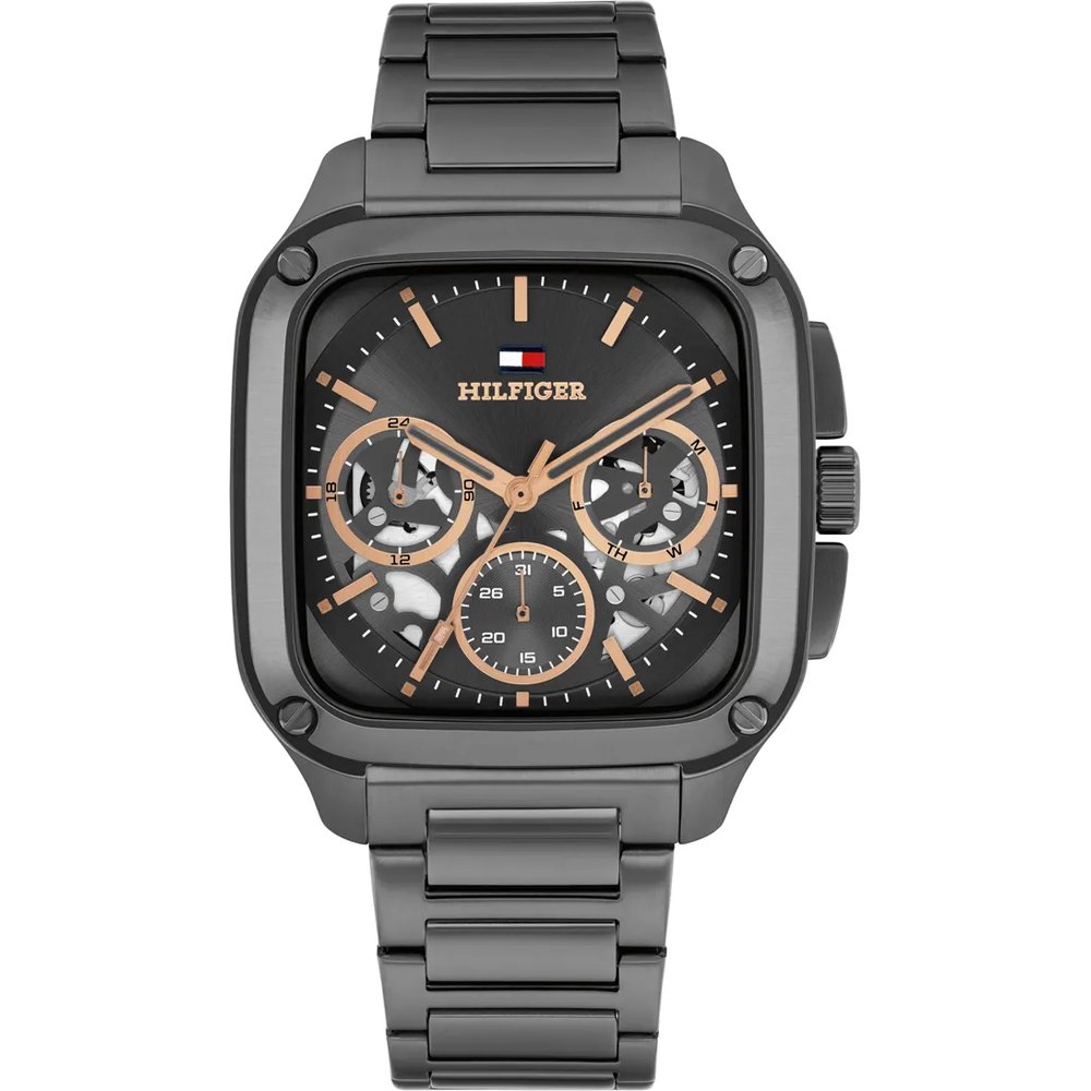 Tommy Hilfiger Herrenuhr mit schwarzem Zifferblatt, goldenen Details und Edelstahlarmband