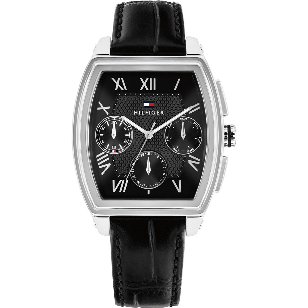Tommy Hilfiger Herrenarmbanduhr mit schwarzem Zifferblatt, römischen Zahlen, Lederband