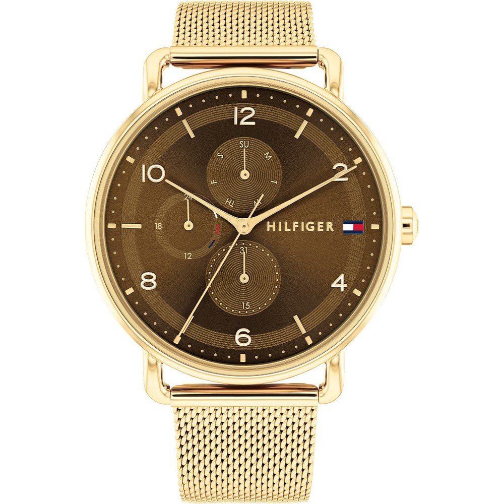 Tommy Hilfiger Armbanduhr: goldfarbenes Metallarmband, braunes Zifferblatt, Chrono-Subdials
