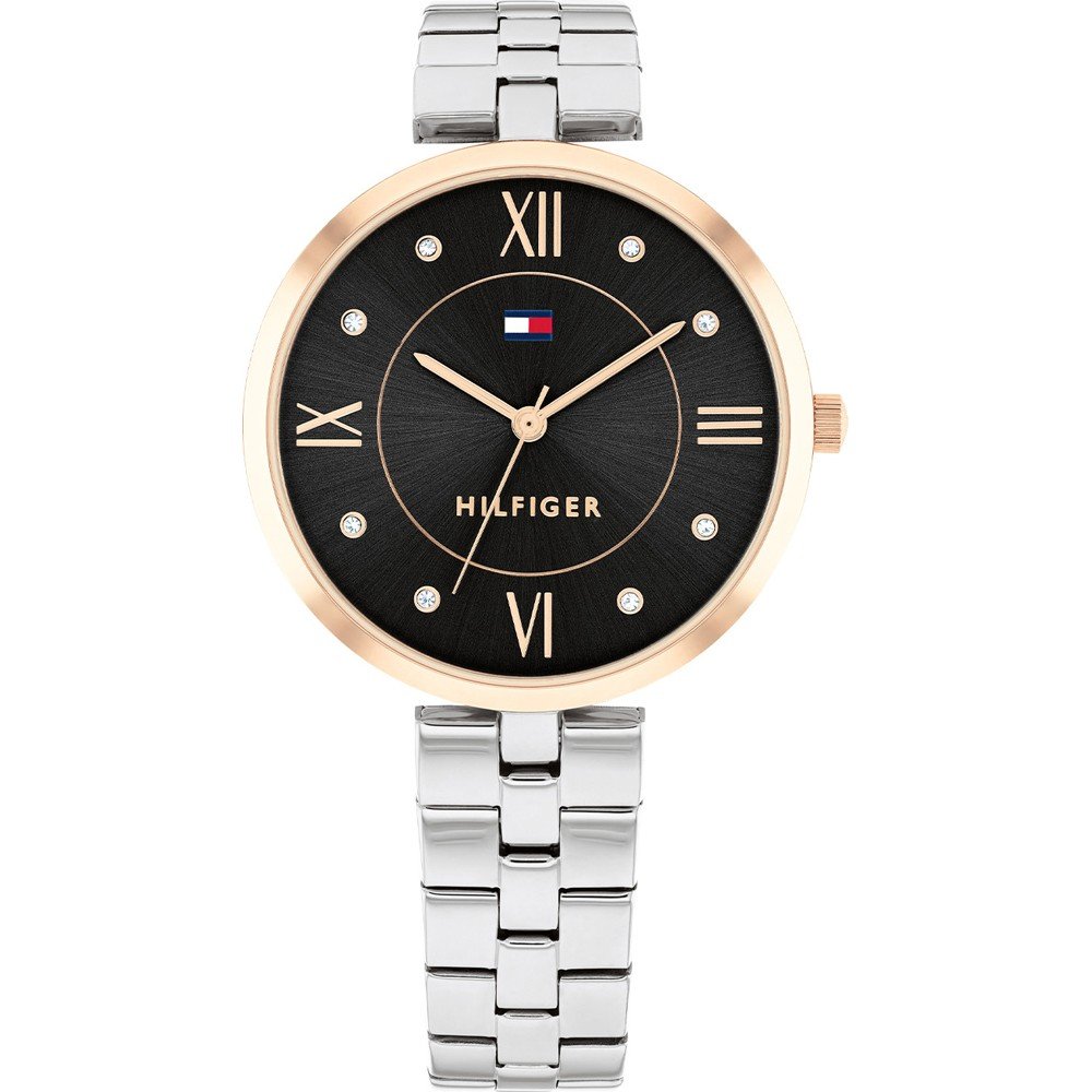 Tommy Hilfiger Damenarmbanduhr: schwarzes Zifferblatt, römische Zahlen, goldfarbene Lünette, Stahlband.