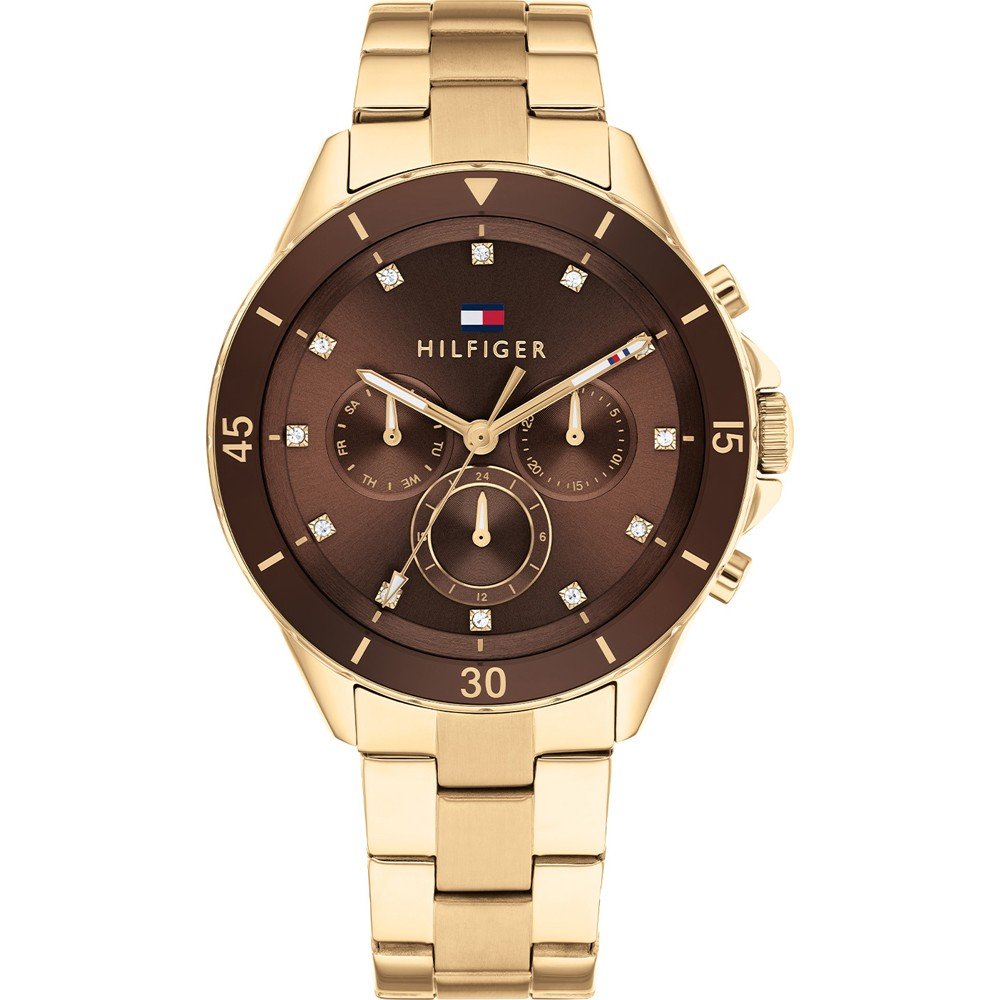 Tommy Hilfiger Damenarmbanduhr, goldenes Edelstahlband, rundes braunes Zifferblatt mit Subdials
