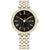 Damenarmbanduhr mit silber-goldfarbenem Metallarmband, schwarzem Zifferblatt und Strass-Lünette