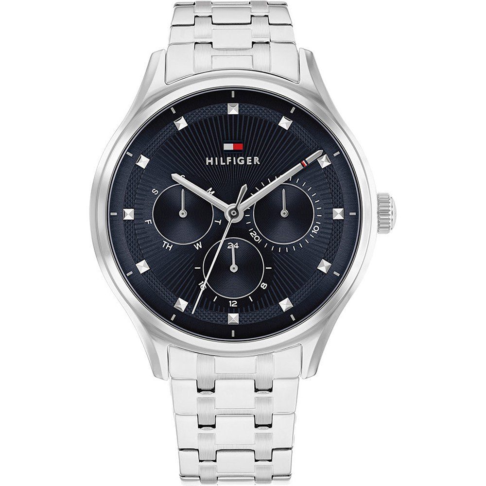 Damenarmbanduhr mit silberfarbenem Edelstahlband und blauem Zifferblatt, Chrono-Subziffern