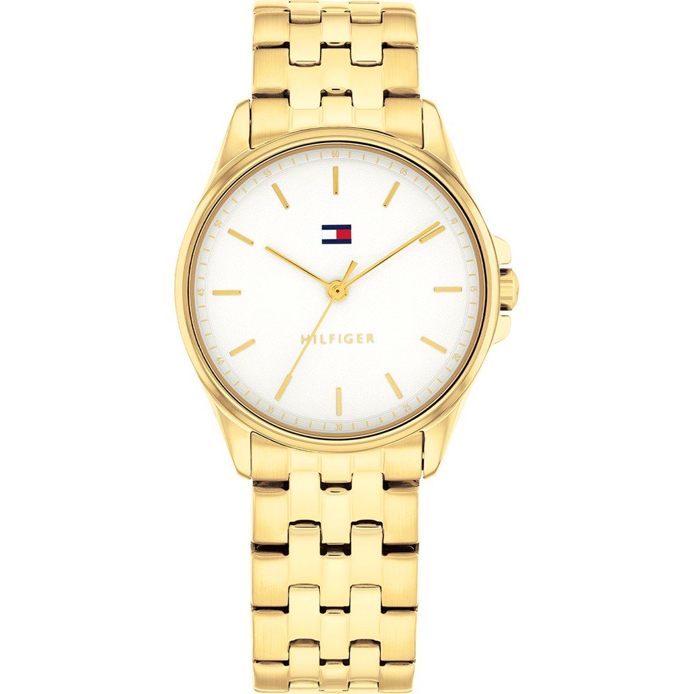 Tommy Hilfiger Quarzarmbanduhr mit goldfarbenem Metallband und weißem Zifferblatt