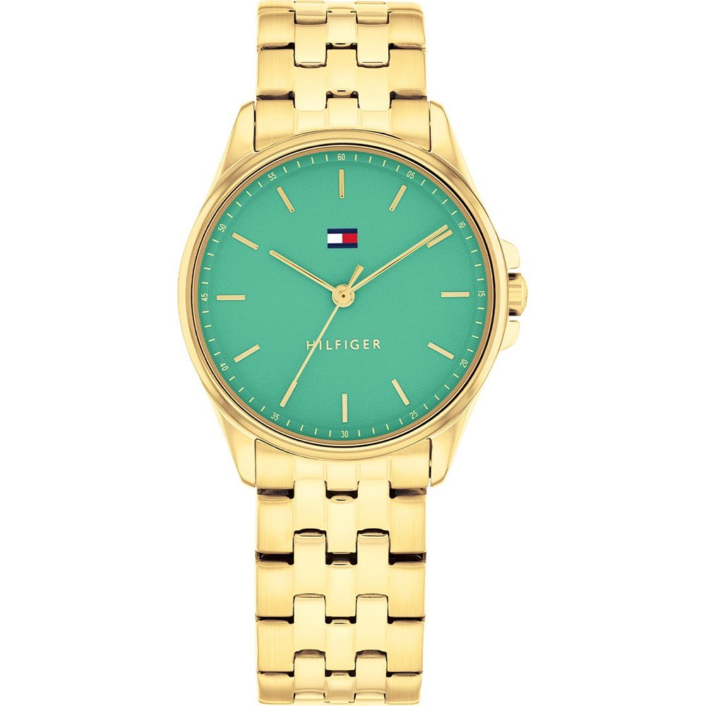 Tommy Hilfiger Damenarmbanduhr mit goldfarbenem Metallarmband und grünem Zifferblatt