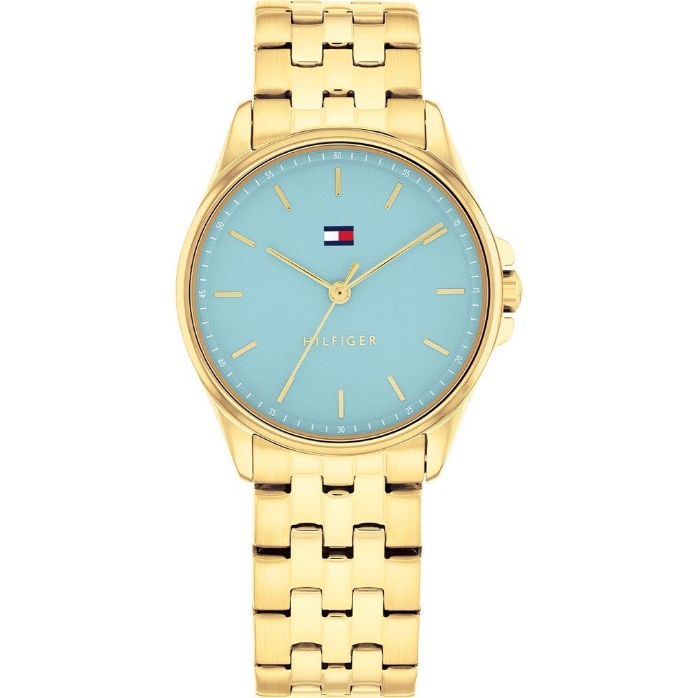 Damenarmbanduhr Tommy Hilfiger mit goldfarbenem Gliederarmband und türkisfarbenem Zifferblatt