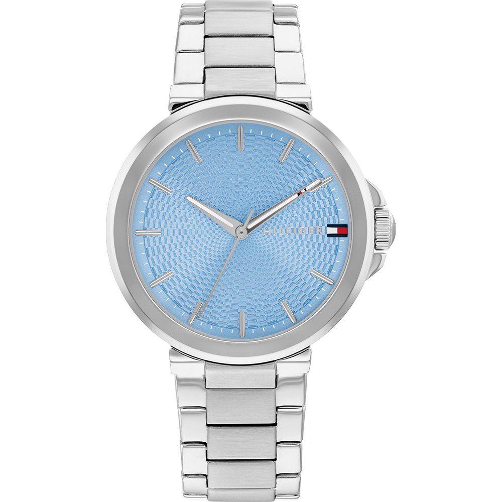 Tommy Hilfiger Damenarmbanduhr mit hellblauem Zifferblatt und silbernem Metallband