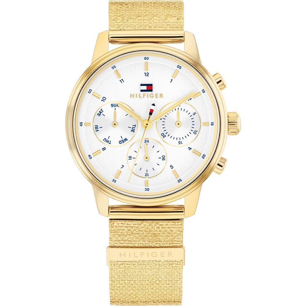 Damen-Armbanduhr mit weißem Zifferblatt, goldfarbigem Gehäuse und Mesharmband