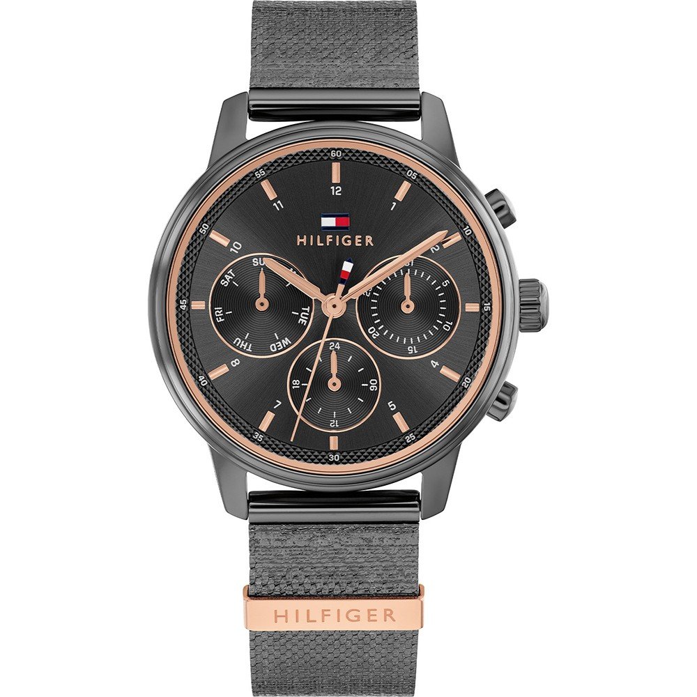 Tommy Hilfiger Damenuhr mit dunklem Zifferblatt, Roségold-Akzenten und schwarzem Textilband