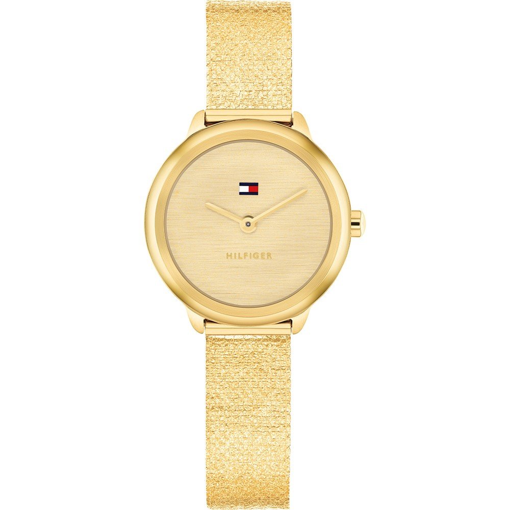 Tommy Hilfiger Damenuhr mit goldfarbenem Zifferblatt, Gehäuse und Metallband