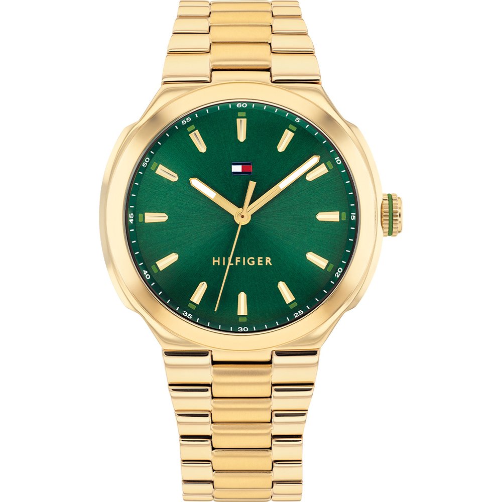 Tommy Hilfiger Armbanduhr mit goldenem Metallband und grünem Zifferblatt, Indizes